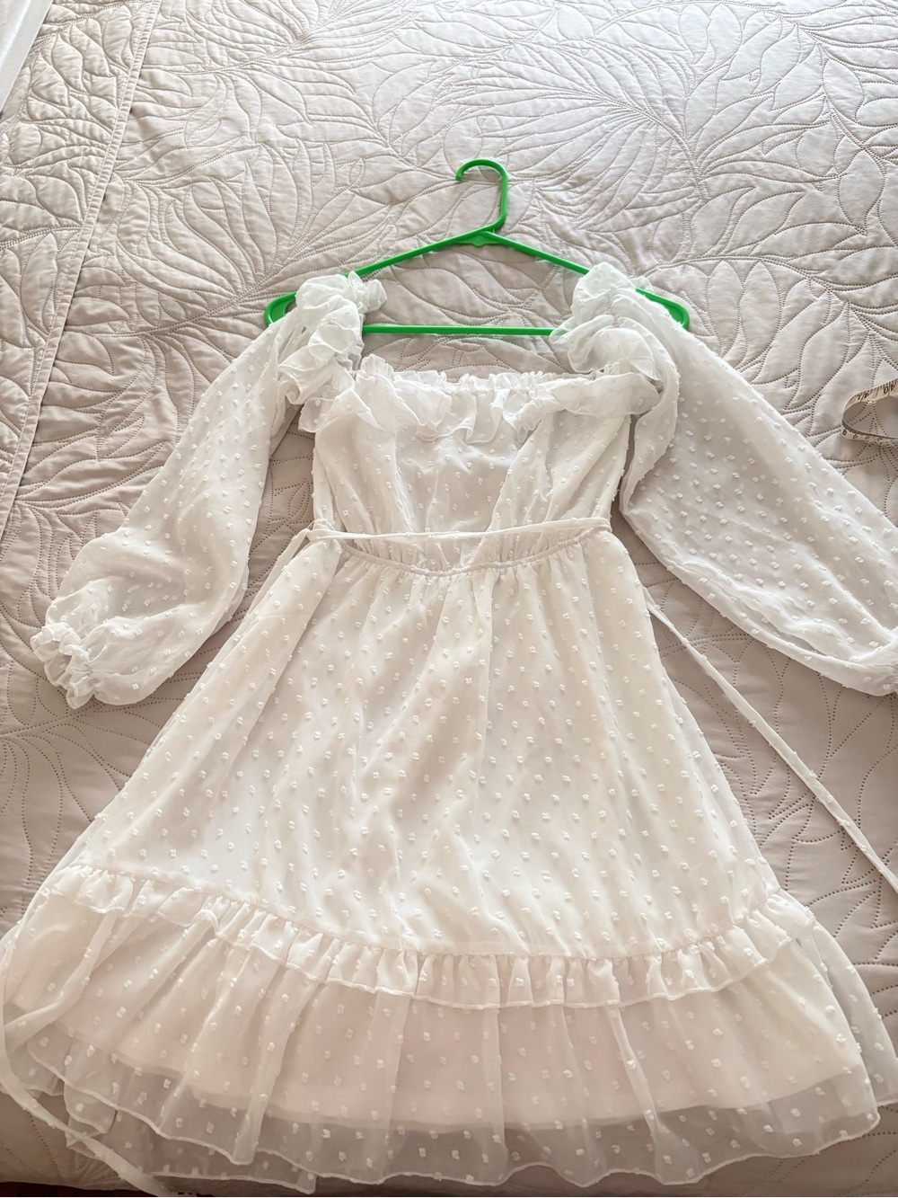 White swiss Dot Puff-Sleeve off the shoulder summer dress xs